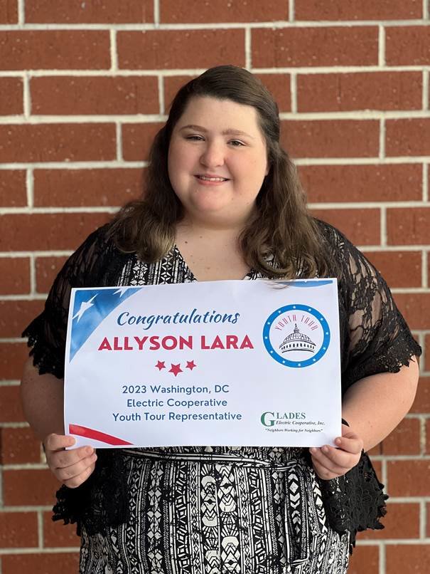 Allyson Lara, a junior at Moore Haven Middle High School, was also chosen as a 2023 Washington Youth Tour representative for Glades Electric Cooperative.